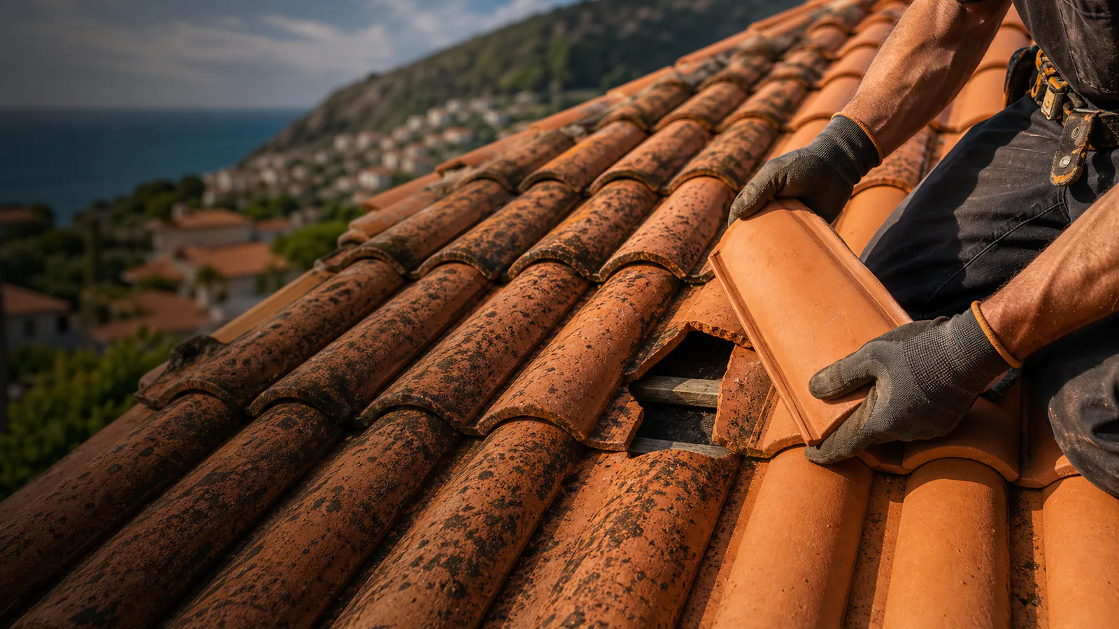 Telha Partida: Reparar ou Substituir? Profissional a substituir uma telha cerâmica partida na Madeira