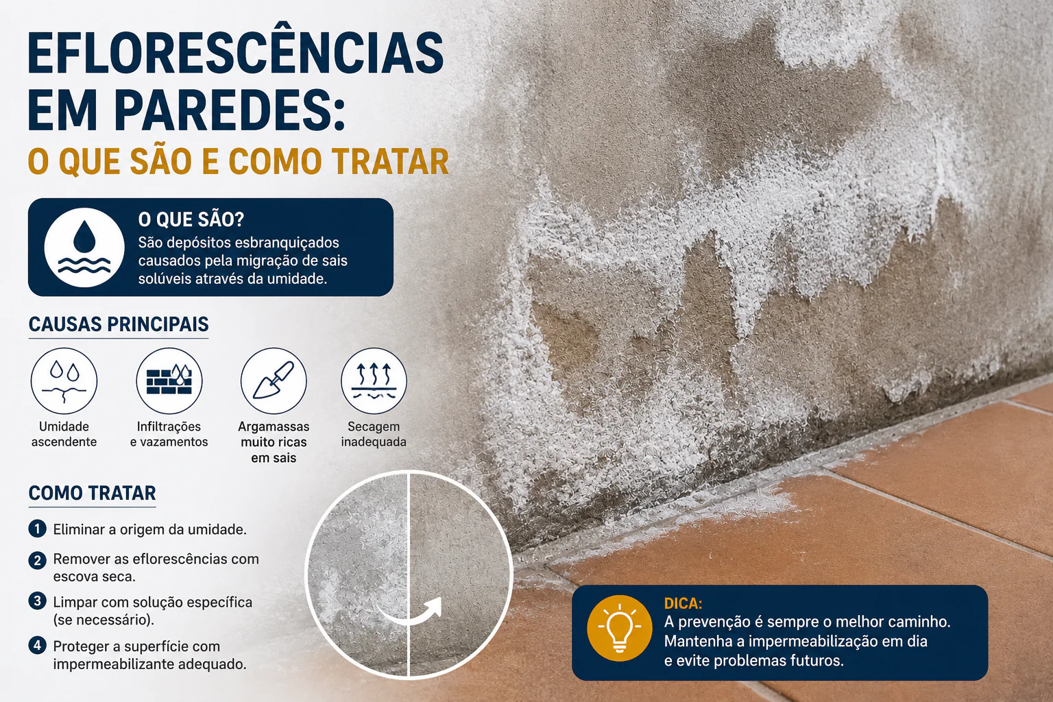 Eflorescências em paredes: causas da humidade e etapas recomendadas de tratamento