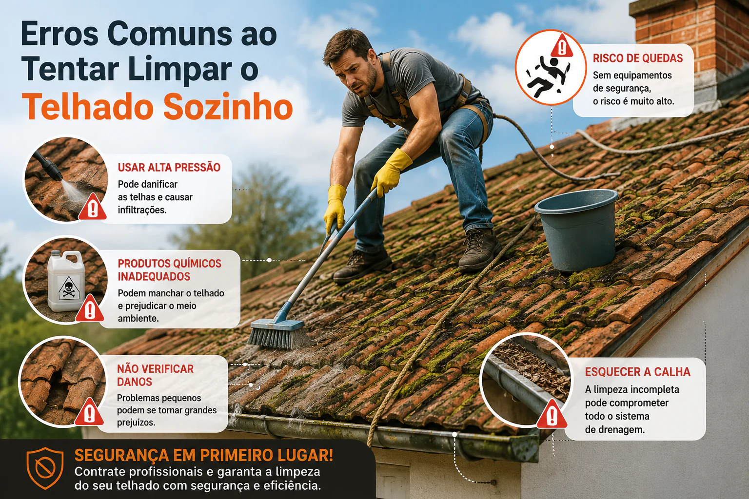 Erros comuns ao tentar limpar o telhado sozinho, incluindo riscos de queda e danos nas telhas