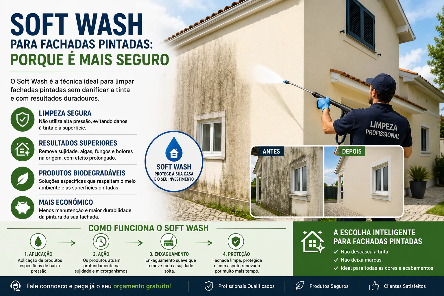 Aplicação profissional de Soft Wash numa fachada pintada com comparação antes e depois