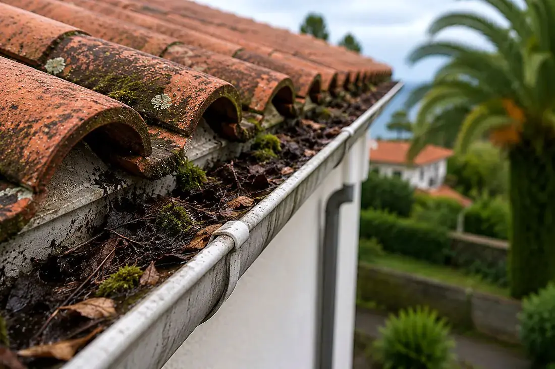 Calha de telhado com detritos acumulados — comparação entre manutenção de calhas em zinco e em PVC