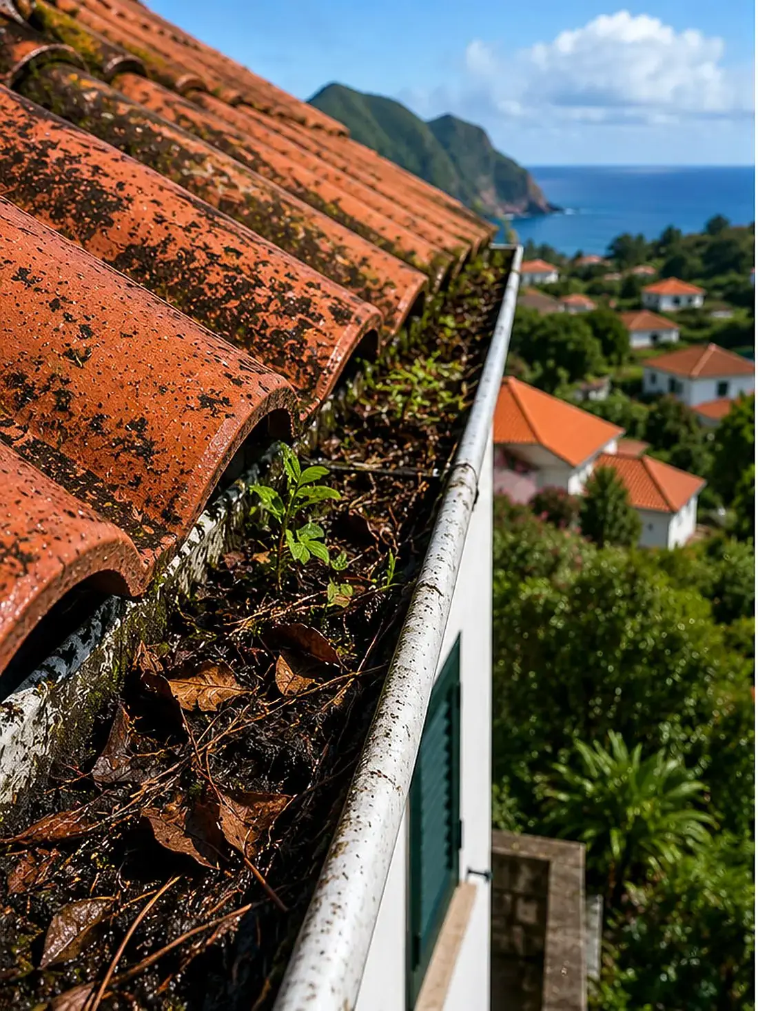 Calha antes da limpeza profissional em Santana, Madeira