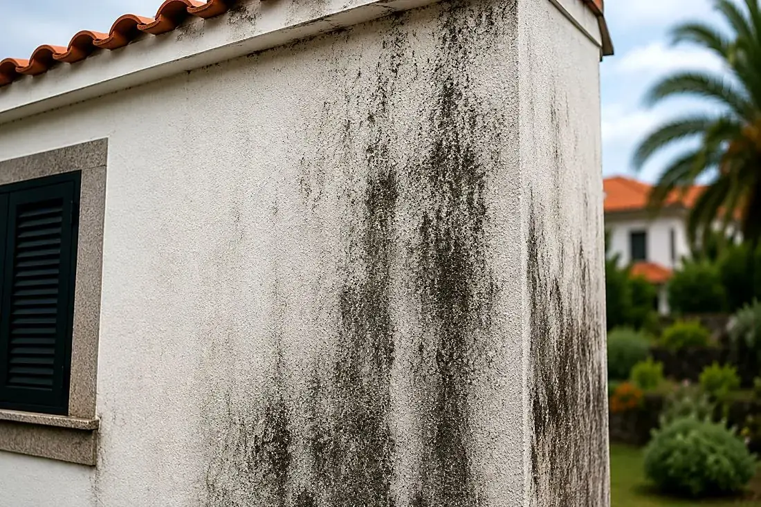 Fachada com manchas escuras e fungos a precisar de limpeza