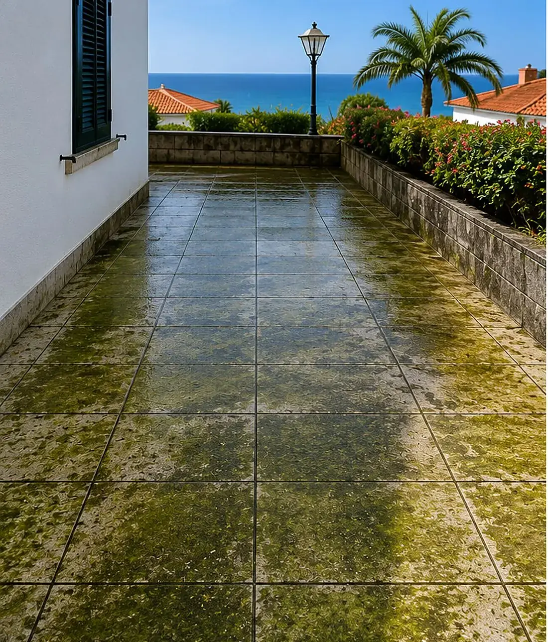 Pavimento exterior antes da limpeza em Santa Cruz, Madeira