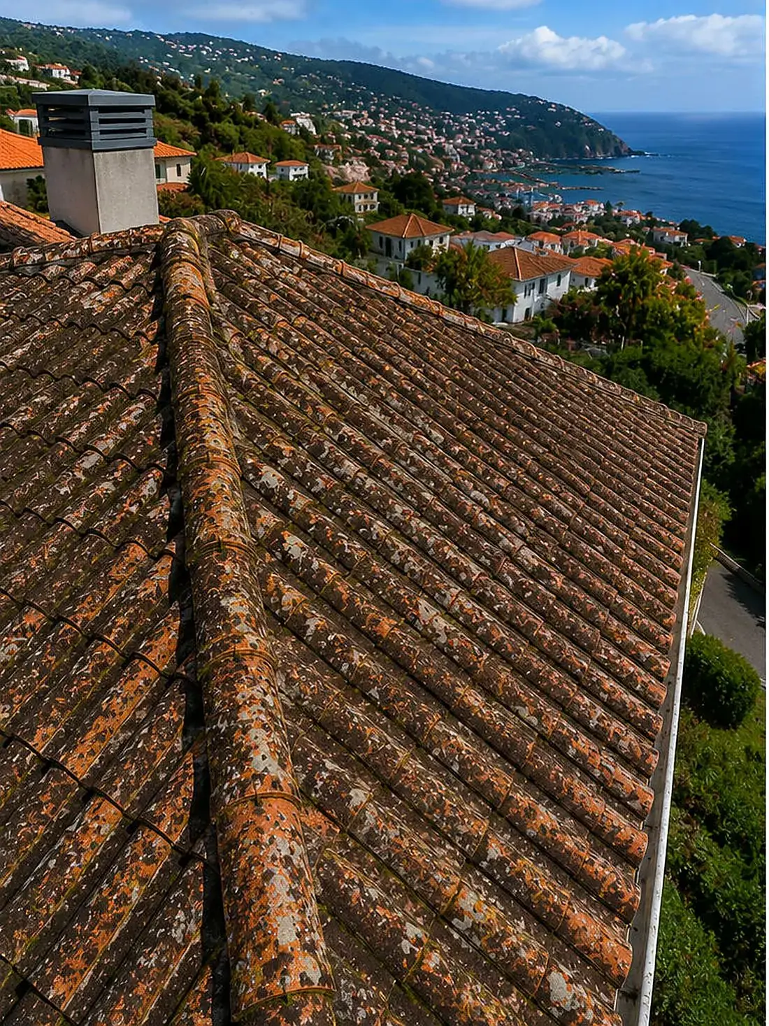 Telhado cerâmico antes da limpeza em Funchal, Madeira
