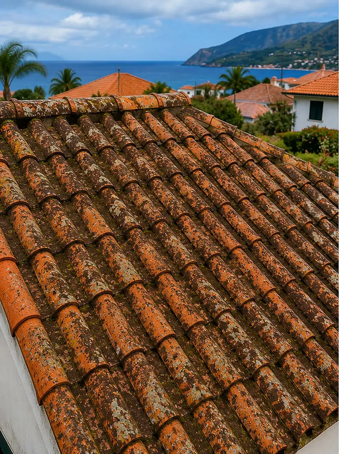 Telhado com telhas escurecidas antes da lavagem em Machico, Madeira