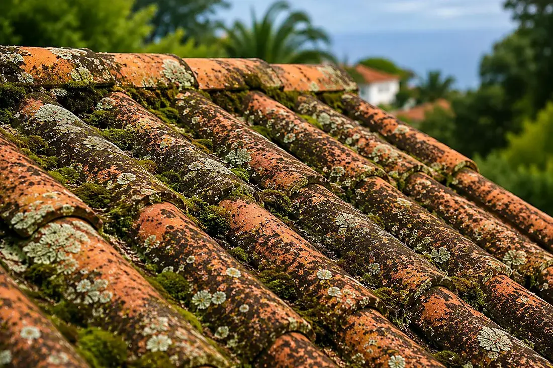 Musgo espesso num telhado da Madeira — porque a humidade do arquipélago exige mais manutenção do que no continente