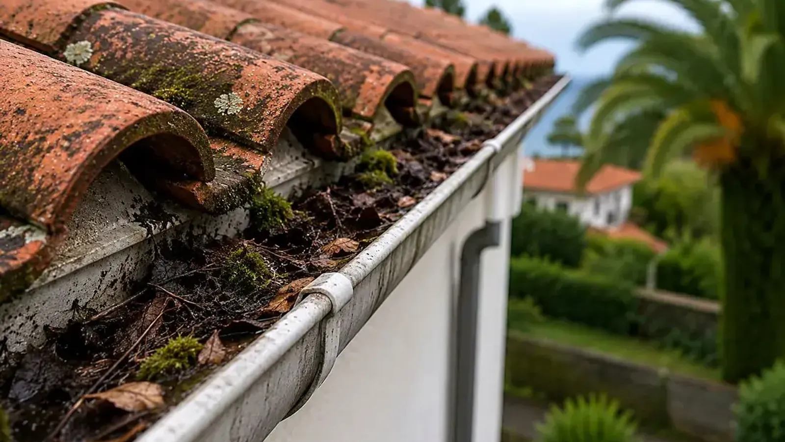 Calha de telhado obstruída por folhas antes da limpeza na Madeira