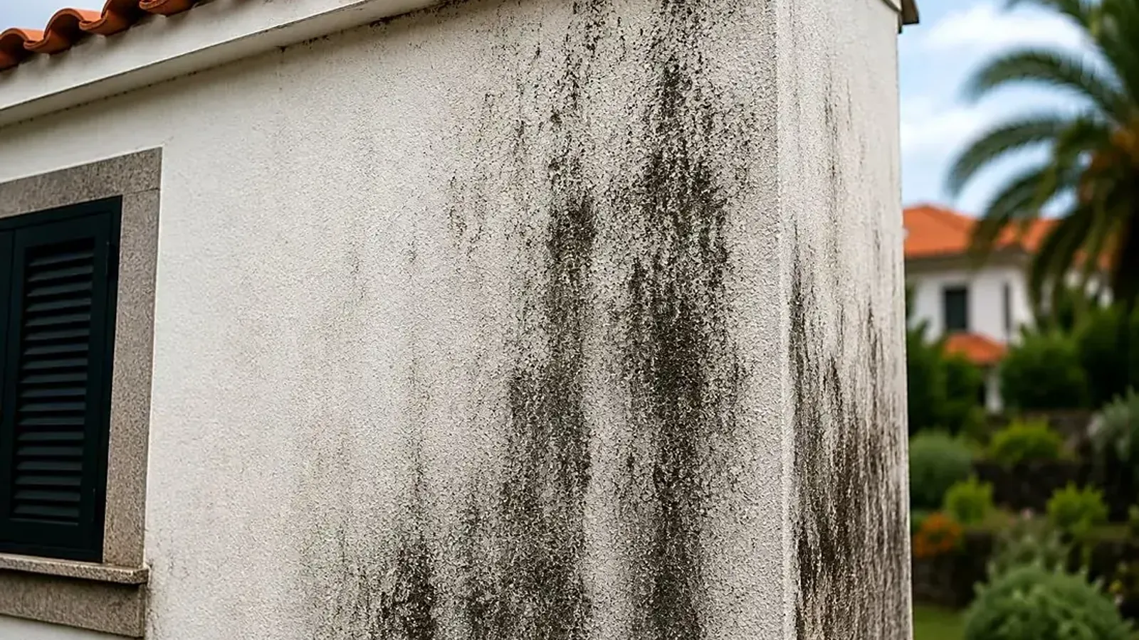 Fachada exterior com manchas biológicas antes da limpeza profissional na Madeira