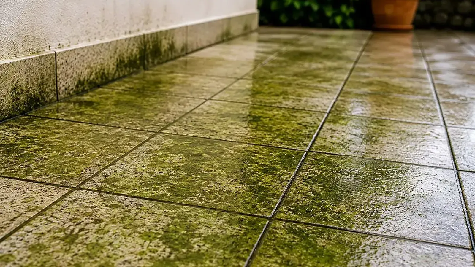 Pavimento exterior com algas e musgo antes da limpeza profissional na Madeira